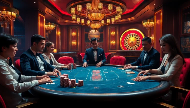Engaging poker game at https://superbetapp.com.br with players, chips, and cards in a luxurious casino.