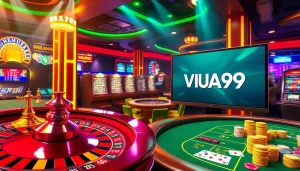 Experience the thrill of VUA99 with vibrant casino visuals showcasing slot machines and poker tables.