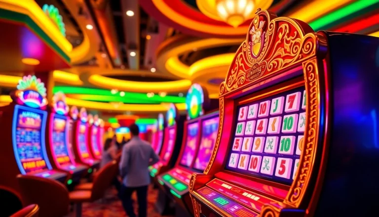 Bermain mahjong slot di kasino dengan suasana yang ceria dan mesin slot yang berwarna-warni