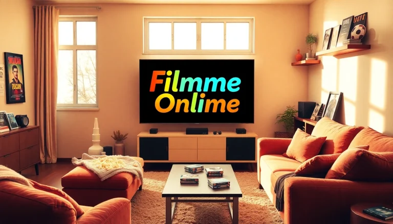 Experience Filme Online in a cozy living room with a large TV showcasing vibrant movie graphics.