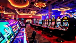 Experience the thrill of online gambling at https://f8betink.io/ with an immersive casino scene featuring vibrant games and high-tech design.