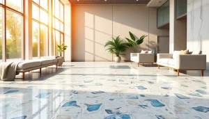 Sol en terrazzo élégant avec des éclats de marbre colorés dans un intérieur moderne.