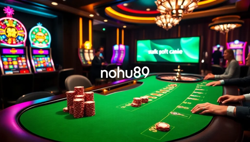 Experience the thrilling casino atmosphere at nohu90 with vibrant poker tables and roulette wheels.