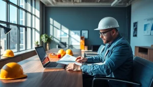 Księgowość dla firmy budowlanej, przedstawiająca księgowego w nowoczesnym biurze z dokumentami budowlanymi i narzędziami.
