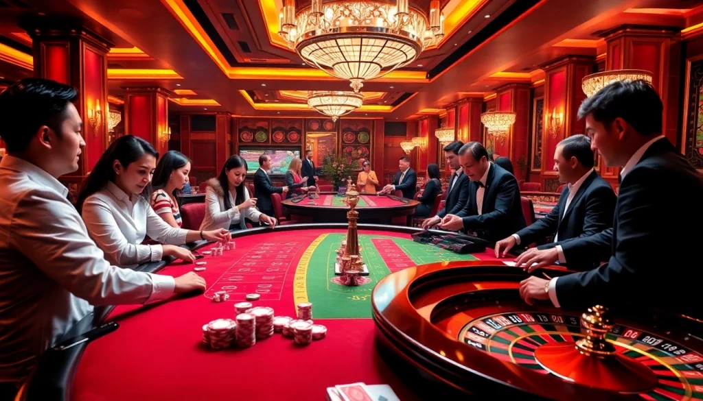 A thrilling live casino scene highlighting excitement at https://bong99.pro/ with dealers, poker chips, and playing cards.