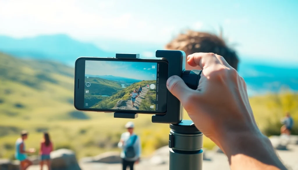Smartphone gimbal スマホジンバル in use outdoors, capturing smooth video of vibrant scenery.