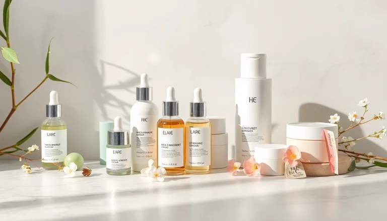 Utforska premium koreansk hudvård online i Sverige med en fängslande flat lay av hudvårdsprodukter.