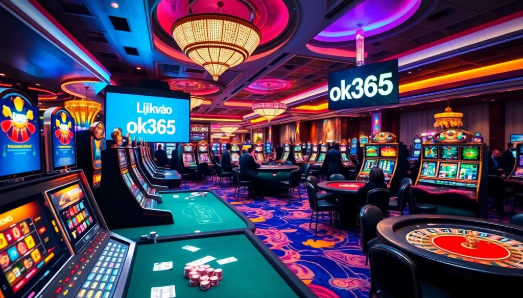 Experience the excitement of gambling at OK365 with vibrant casino visuals, featuring "Link vào ok365" for seamless access to top games.