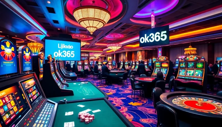 Experience the excitement of gambling at OK365 with vibrant casino visuals, featuring "Link vào ok365" for seamless access to top games.