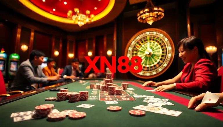 XN88 players engaging in a thrilling casino experience with poker chips and roulette wheel.