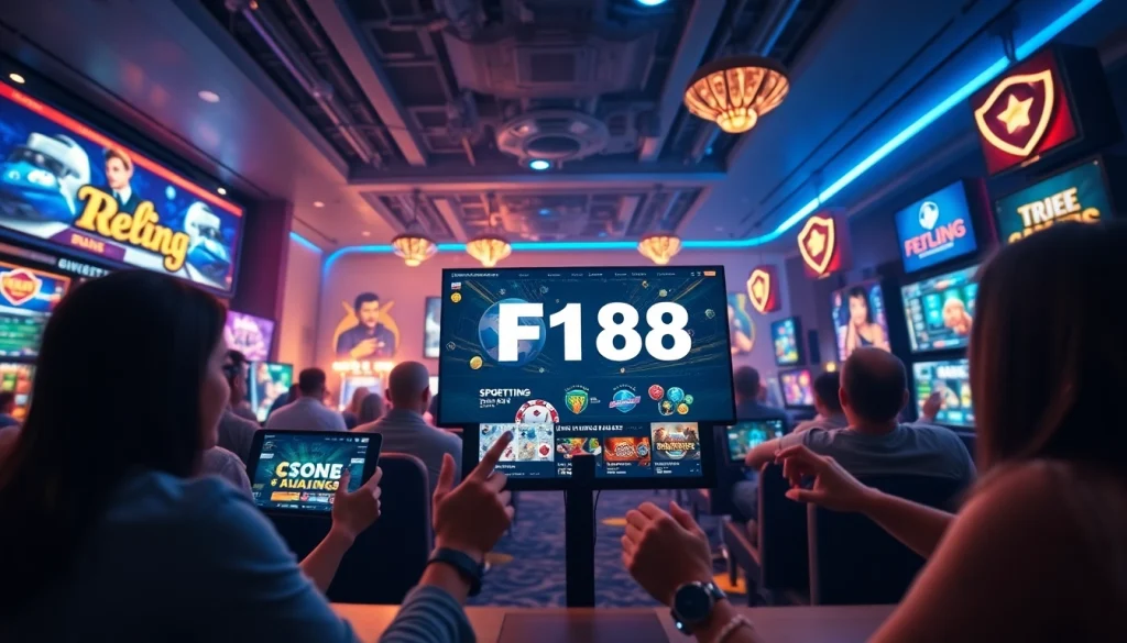 Engaging scene of online gambling featuring เจ้ามือรับแทง F168 platform with vibrant games and digital interfaces.