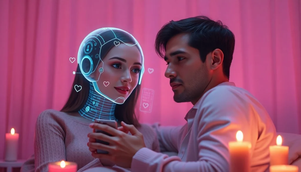 AI sex companionship scene with holographic AI companion, cozy ambiance