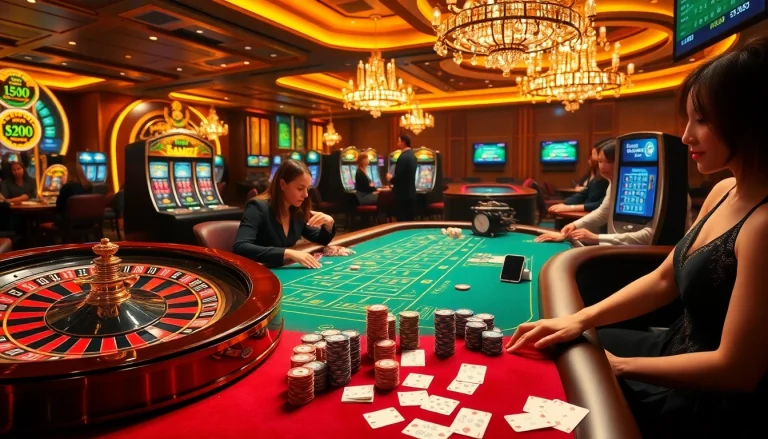Exciting gambling scene at https://rr88.pizza/ with poker tables, roulette wheels, and vibrant players.