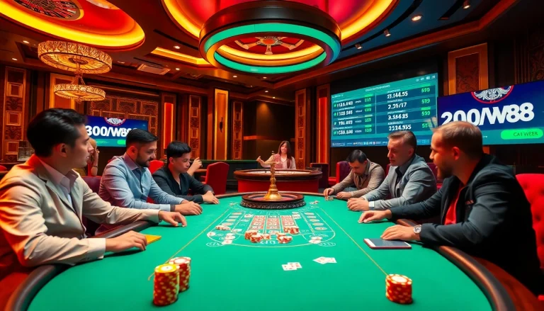 Experience W88 excitement at a luxurious casino with poker tables and vibrant betting scenes.