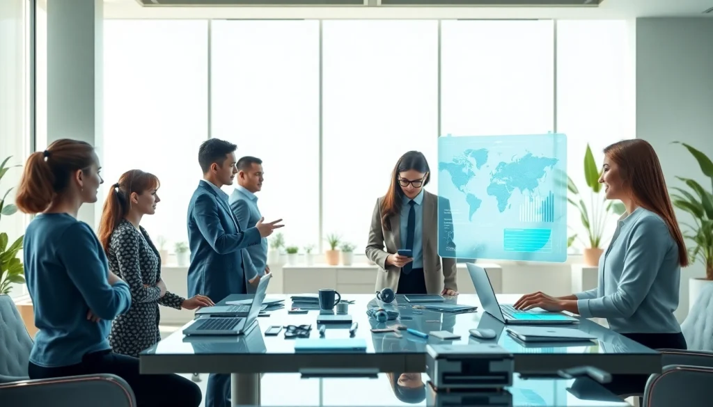 Engaging interaction showcasing Human Interface with AI in a modern workspace, highlighting collaboration and innovation.