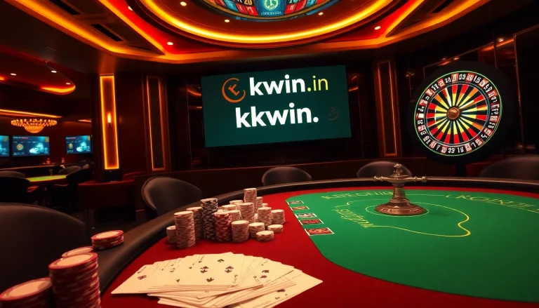 Engaging scene showcasing kkwin.in with poker chips and a roulette wheel in a luxurious casino environment.
