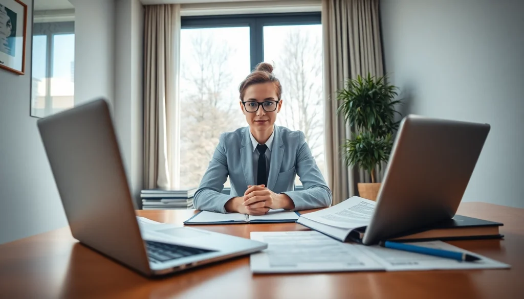 Professional translator focused on sworn translations (beëdigde vertaling) at a modern desk surrounded by legal documents.