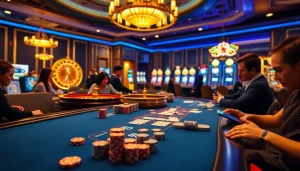 Thưởng thức liên kết W88 tại một casino sang trọng với bàn poker và máy đánh bạc.