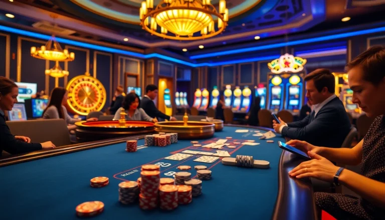 Thưởng thức liên kết W88 tại một casino sang trọng với bàn poker và máy đánh bạc.