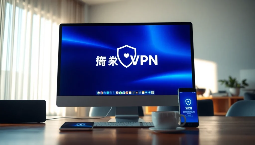 快连VPN interface on a modern workspace computer screen, emphasizing security and efficiency.