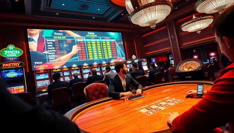 Exciting poker game with 7mcn live scores displayed in a luxurious casino atmosphere.