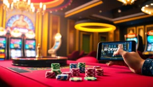 Experience the thrill of gambling with Okwin on vibrant casino tables featuring poker chips and slot machines.