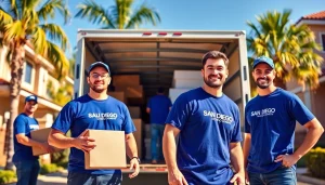San Diego Moving Company team efficiently packing a truck in a sunny neighborhood.
