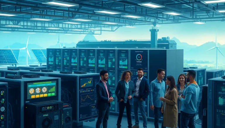 Crypto mining app transforming renewable energy into profits in a high-tech facility.