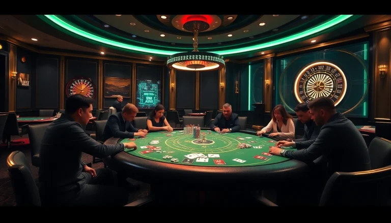 Players strategize at a poker table in a luxury casino atmosphere showcasing 32win con excitement.