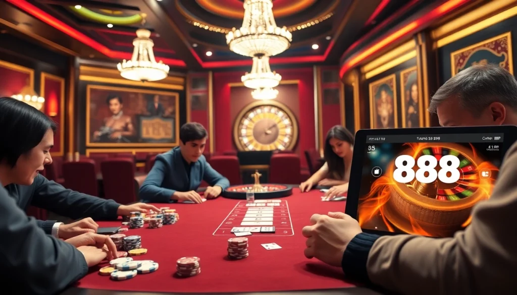 Experience the excitement of đăng nhập 888b at a high-stakes casino poker table filled with players.