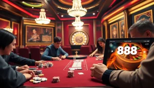 Experience the excitement of đăng nhập 888b at a high-stakes casino poker table filled with players.