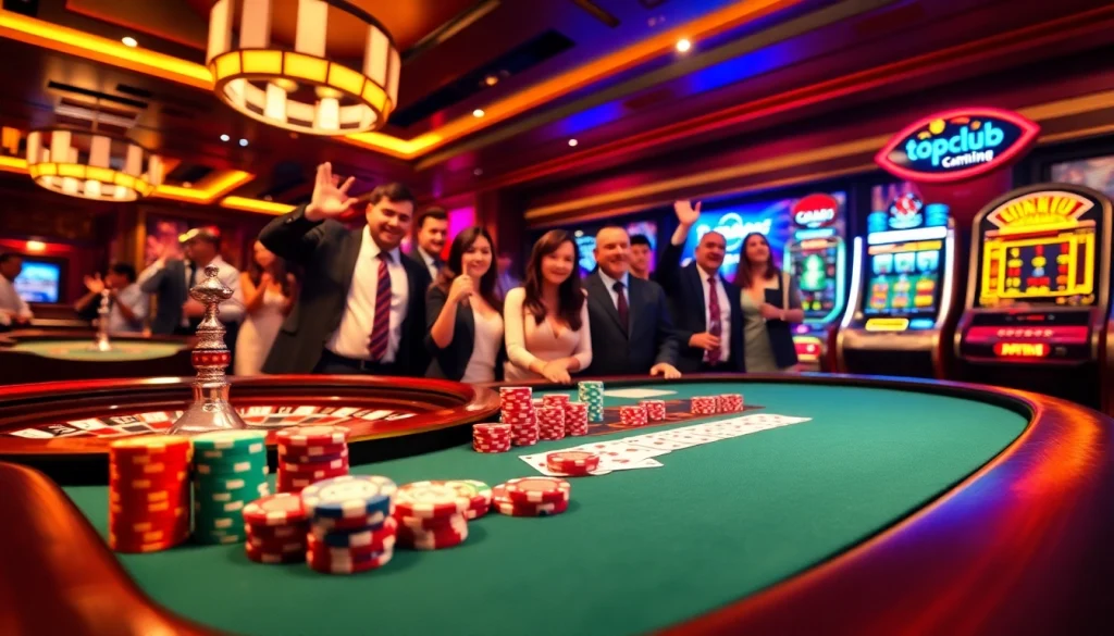 Experience the excitement of topclub gambling at a luxury casino with vibrant poker tables and slot machines.