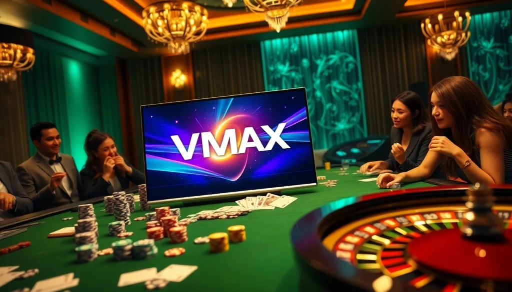 Action-packed VMAX Game gambling scene with poker chips and roulette wheel, embodying excitement.