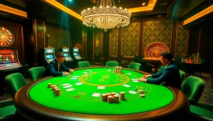 Exciting blackjack game scene showcasing players at the prestigious 98win casino table.
