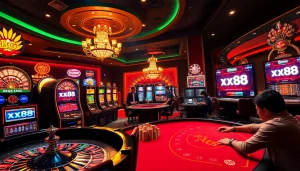 High-stakes gaming scene with xx88 prominently displayed on screens and players at poker tables.