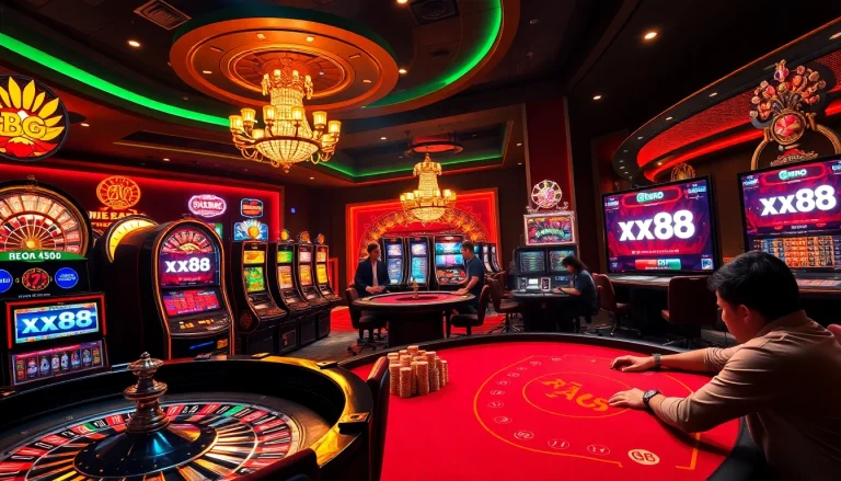 High-stakes gaming scene with xx88 prominently displayed on screens and players at poker tables.
