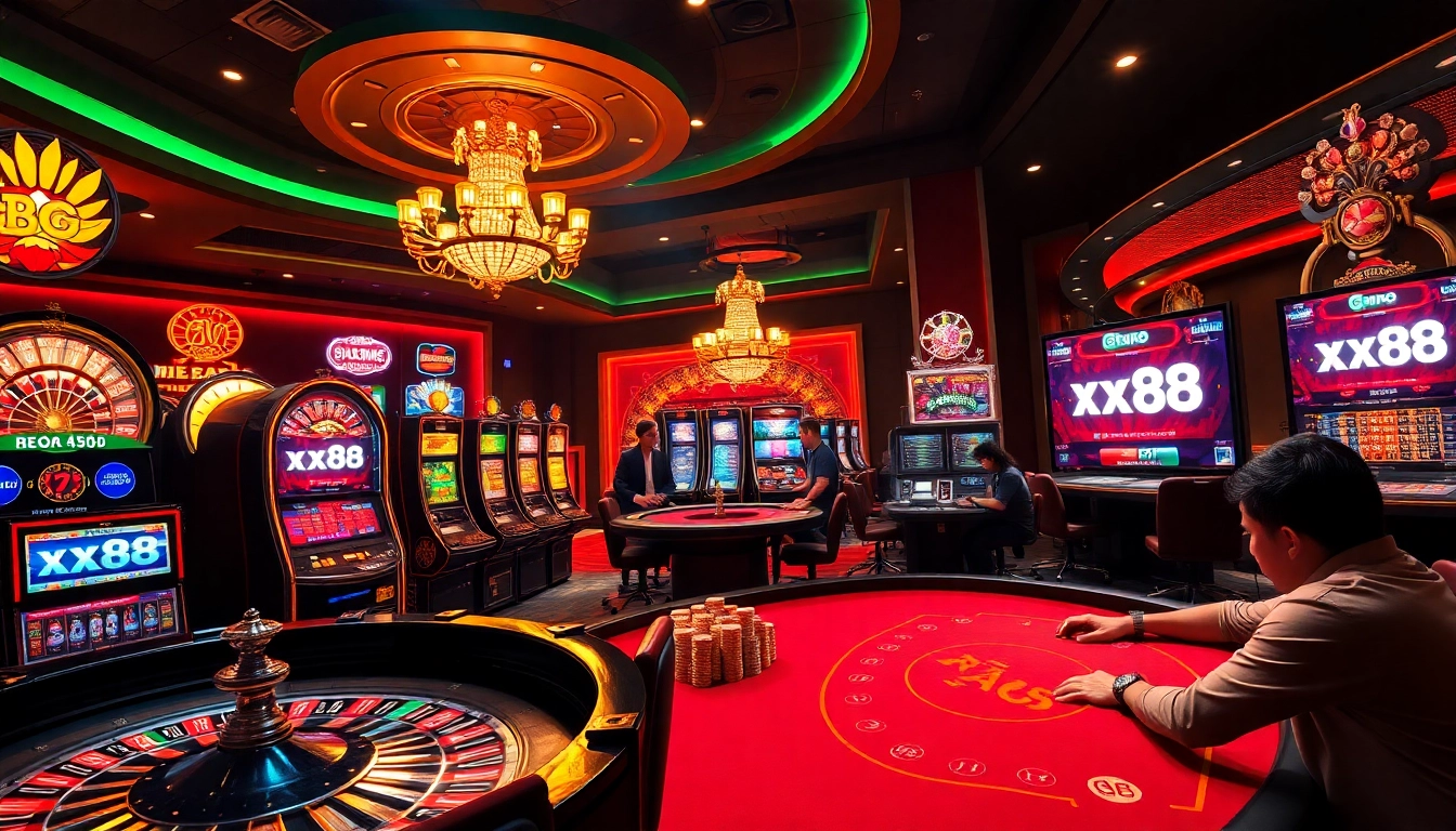 High-stakes gaming scene with xx88 prominently displayed on screens and players at poker tables.