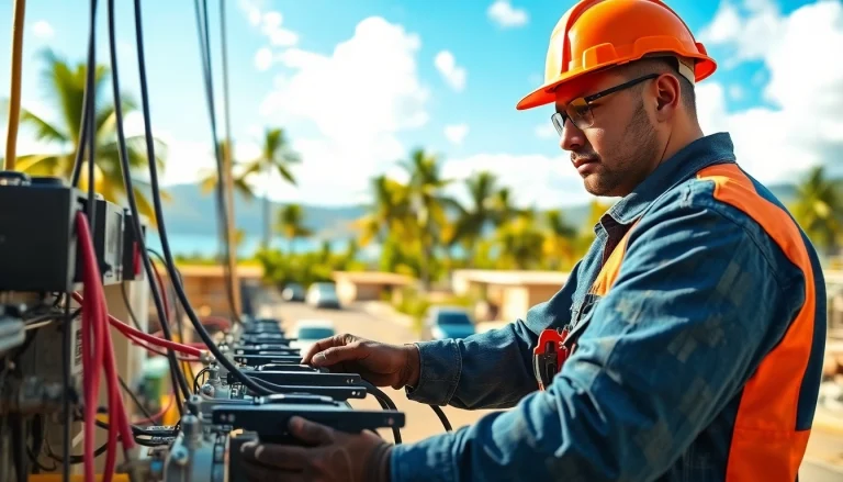Electrician apprenticeship Hawaii: Professional apprentice working on electrical systems outdoors.
