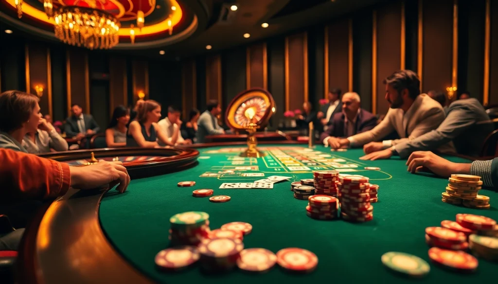 Players enjoying exciting games at the luck8 casino, with vibrant chips and roulette wheel.
