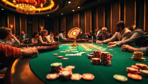 Players enjoying exciting games at the luck8 casino, with vibrant chips and roulette wheel.
