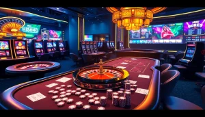 Engaged players enjoying diverse games on hi88c.com, showcasing vibrant casino tables and modern slot machines.