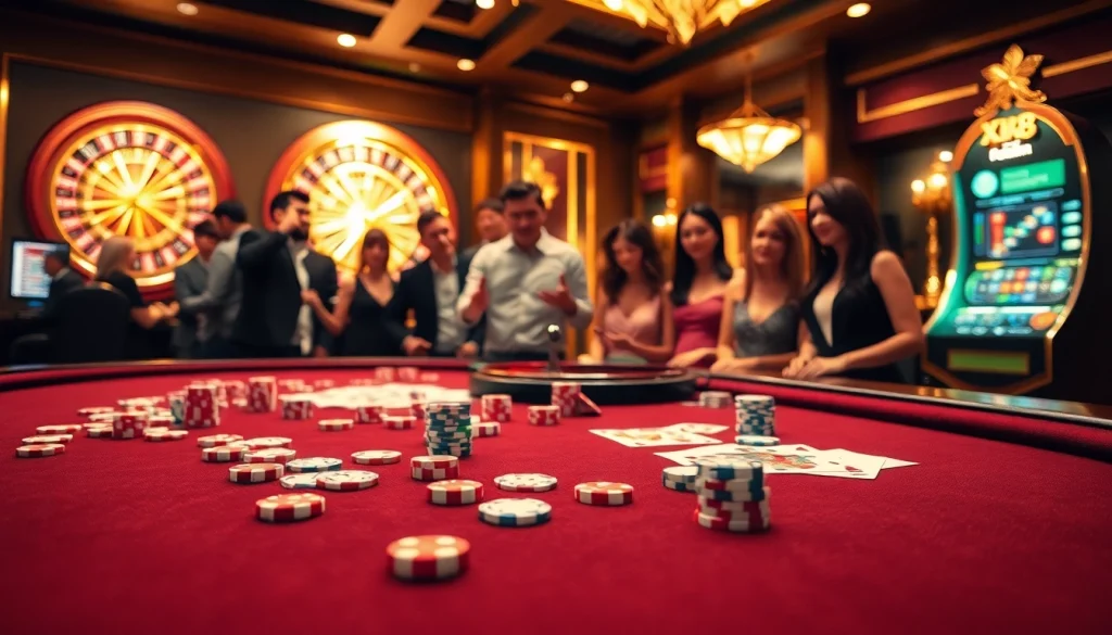 Exciting casino action at XX88 featuring poker chips, roulette, and slot machines.