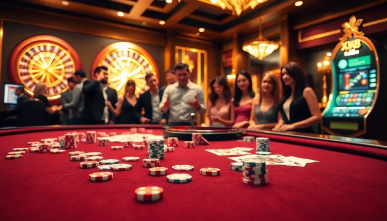 Exciting casino action at XX88 featuring poker chips, roulette, and slot machines.