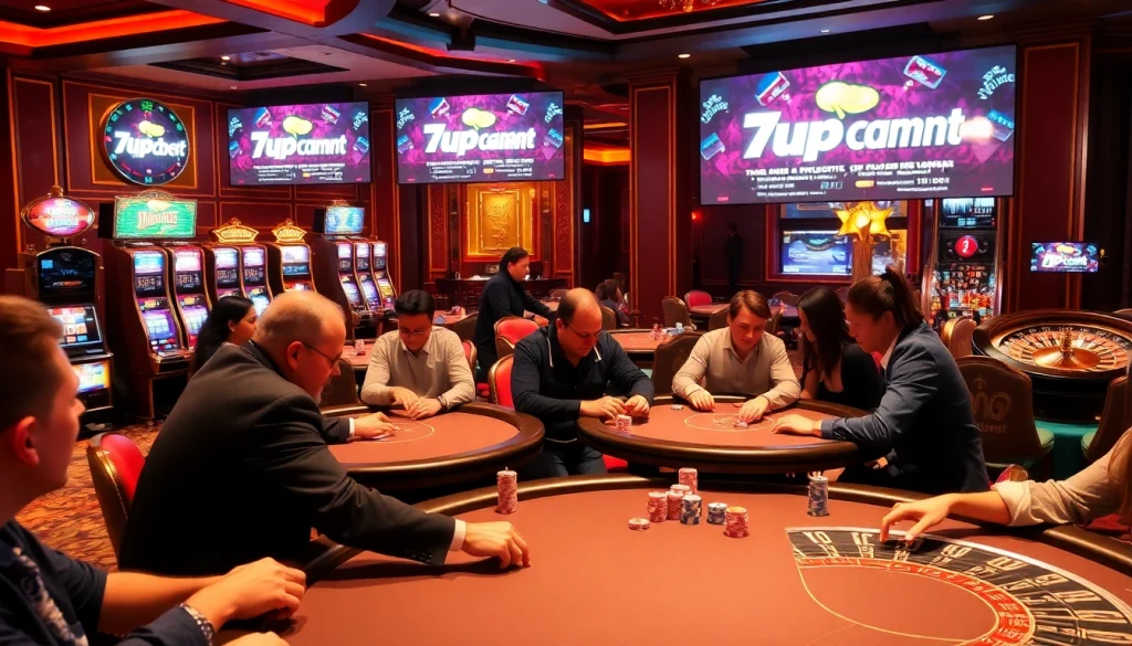 Players enjoying a poker game at a luxurious casino while showcasing the 7upbet betting experience.