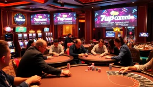 Players enjoying a poker game at a luxurious casino while showcasing the 7upbet betting experience.