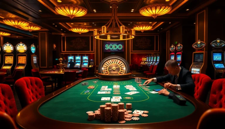 SODO casino players excitedly engaging in a thrilling poker game surrounded by luxurious gaming elements.