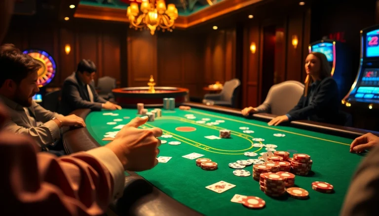 Experience an exciting casino moment at LC 88 with players engaged in dynamic card games and roulette.