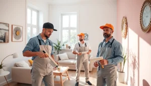 Professional painters transforming a bright interior space, showcasing their expertise in interior painting companies.