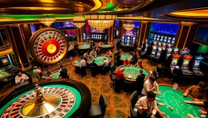 Experience the luxury of gambling at https://www.6l777.vip/ with vibrant poker tables and roulette wheel.