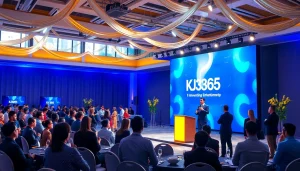 An engaging corporate event scene showcasing professionals at a KJC365 event, highlighting collaboration and innovation.